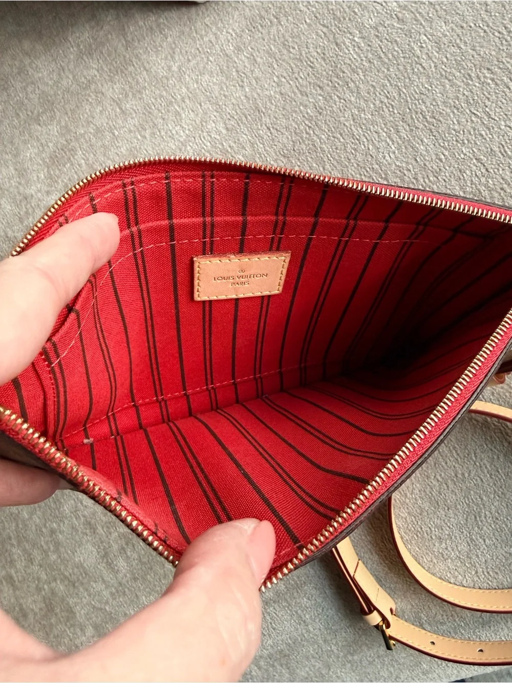Louis Vuitton Monogram Neverfull Pouch in Brown with Red Trim Authentic